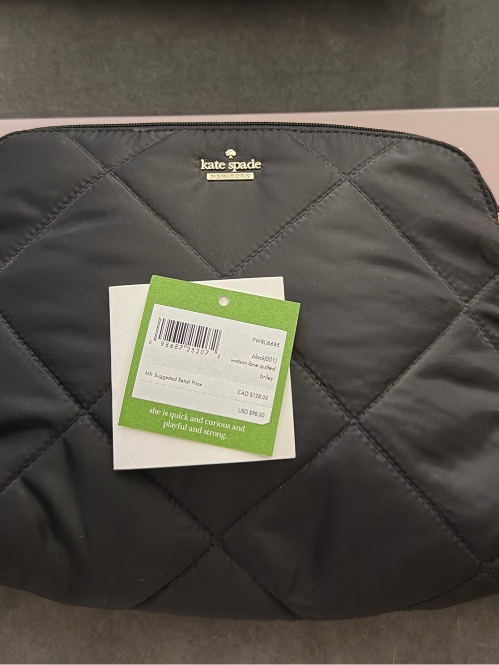 kate spade Watson Lane Black Quilted Briley Nylon Cosmetic Pouch with Gold Logo